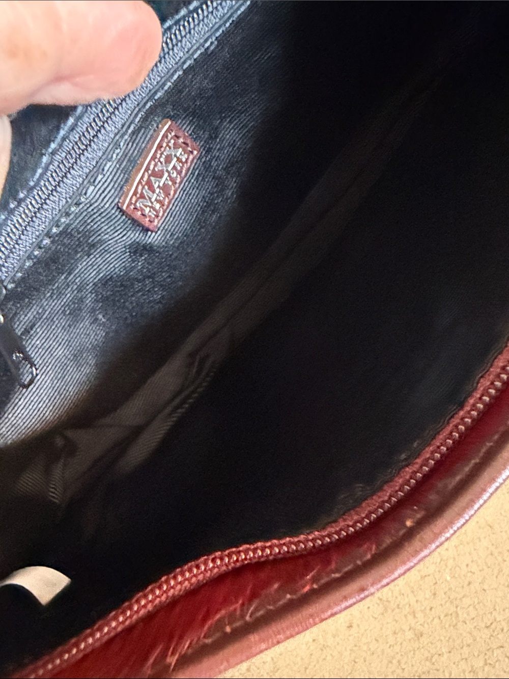 Maxx New York Burgundy Haircalf Shoulder Bag with Brown Trim - Picture 5 of 5